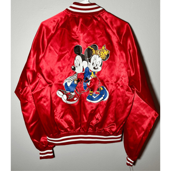 Vintage Nasco 80s Disney Mickey Minnie Satin Bomber Jacket Lightweight Red Large - Picture 1 of 9